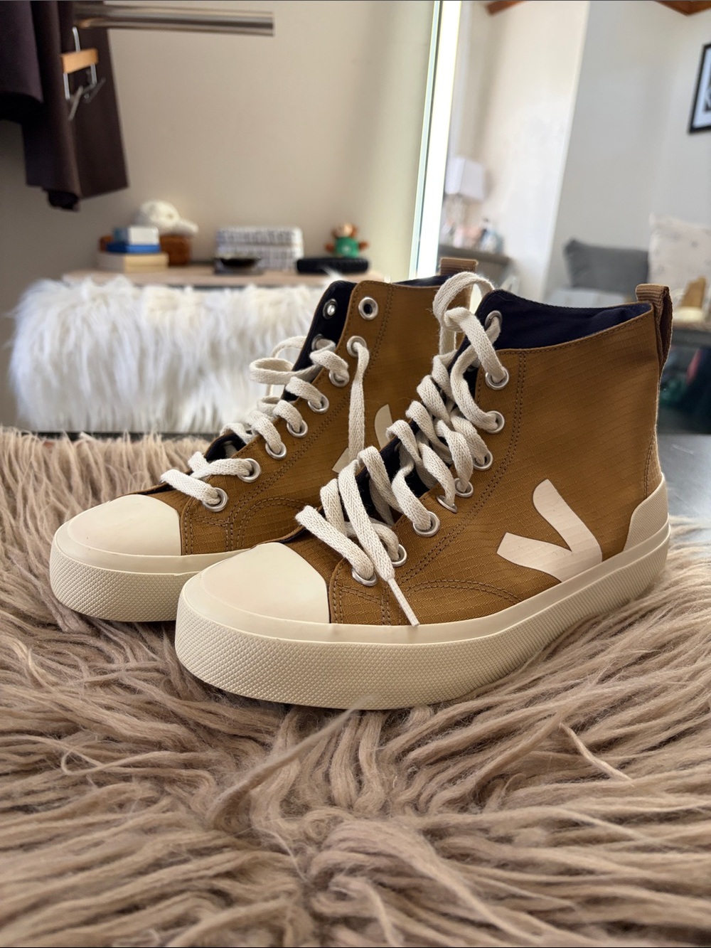 Veja High-Top Canvas Sneakers in Tan with White Accents